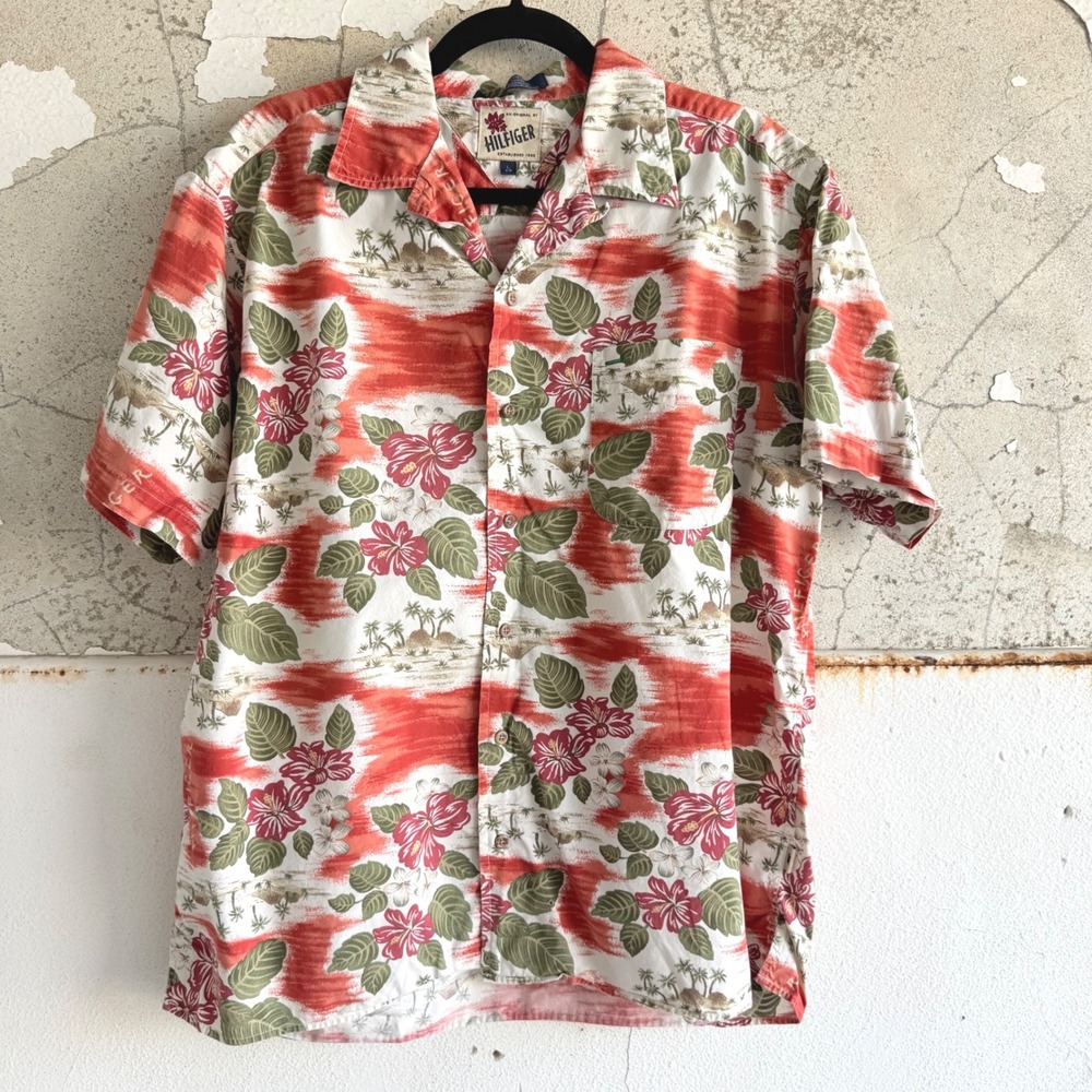Vtg Tommy Hilfiger Hawaiian Shirt Hibiscus Floral Tropical Button Down Mens L